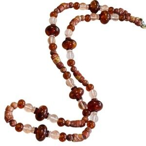 Vtg BOHO Necklace Amber rose quartz clay Beaded collar rare 1970s 23"